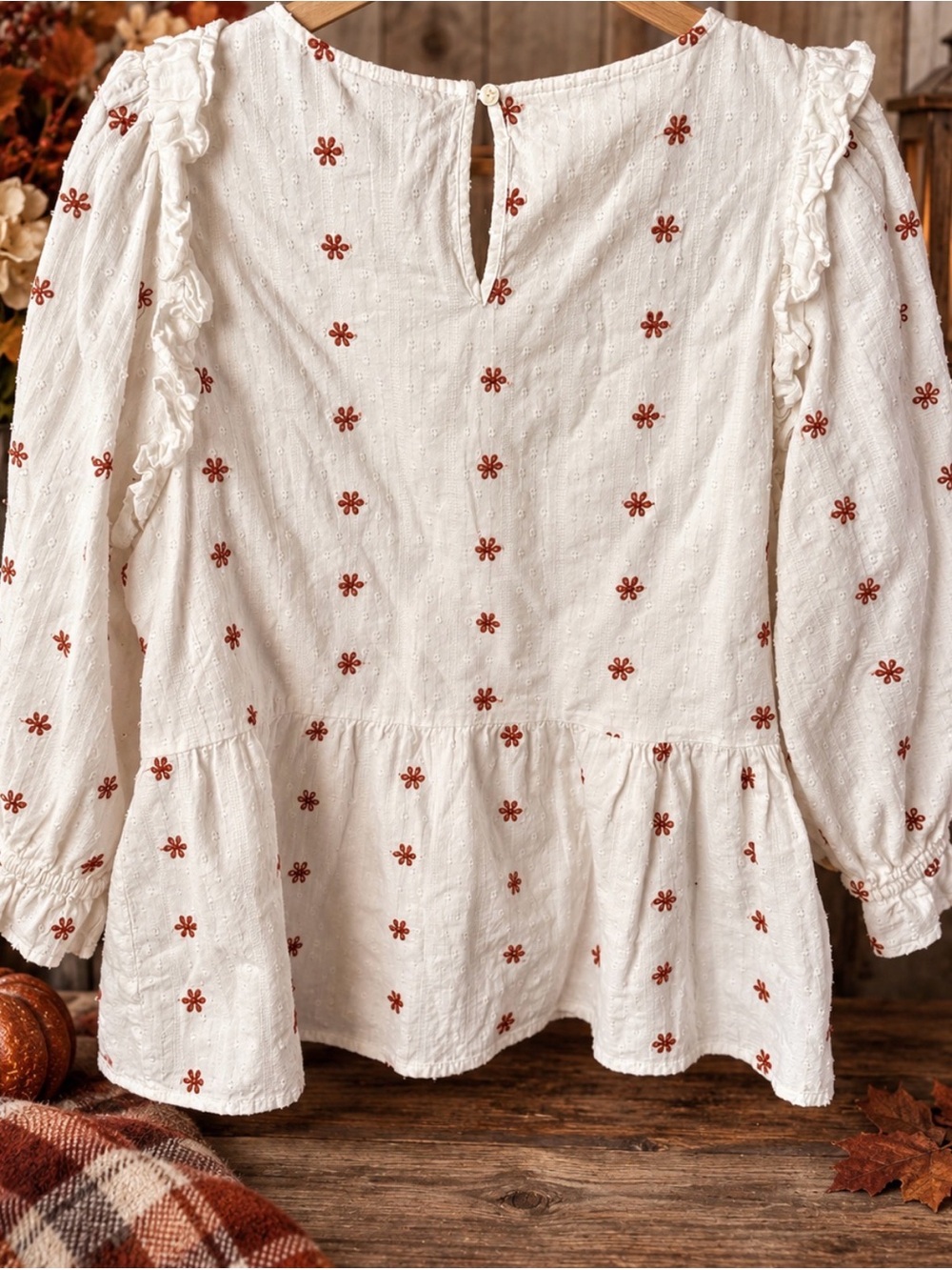Universal Thread White Peasant Blouse with Red Floral Embroidery